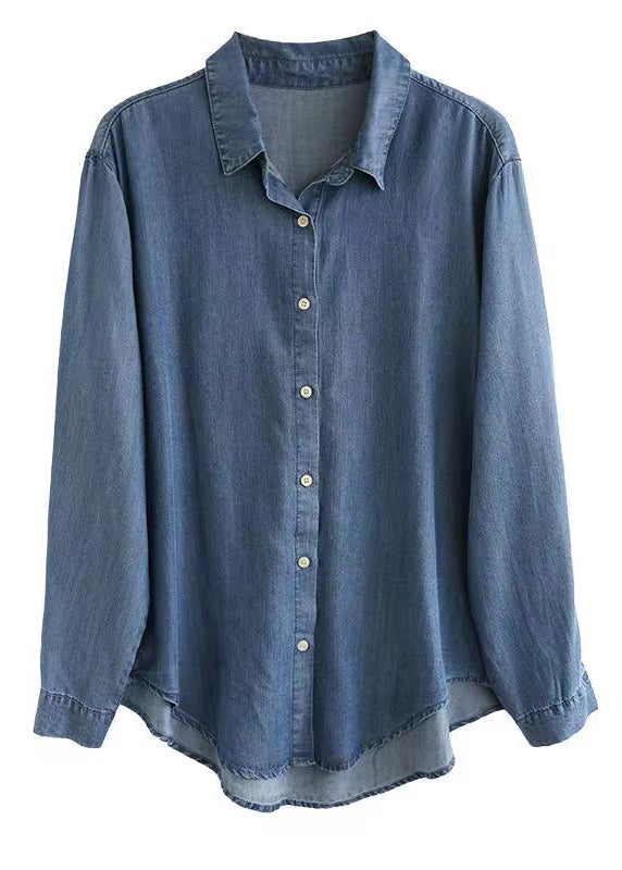 Vintage Denim Blue Peter Pan Collar Patchwork Button Shirt Long Sleeve