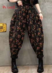 Vintage Floral Print Elastic Waist Denim Harlan Pants Autumn