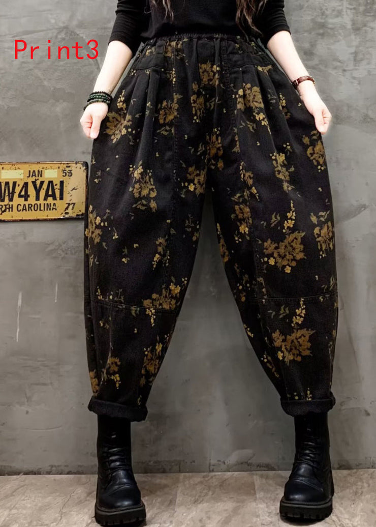 Vintage Floral Print Elastic Waist Denim Harlan Pants Autumn