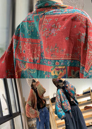 Vintage Flower Colour V Neck Pockets Print Linen Parka Batwing Sleeve