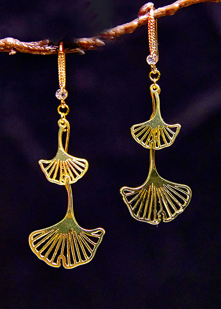 Vintage Ginkgo Leaf 14K Gold Zircon Drop Earrings