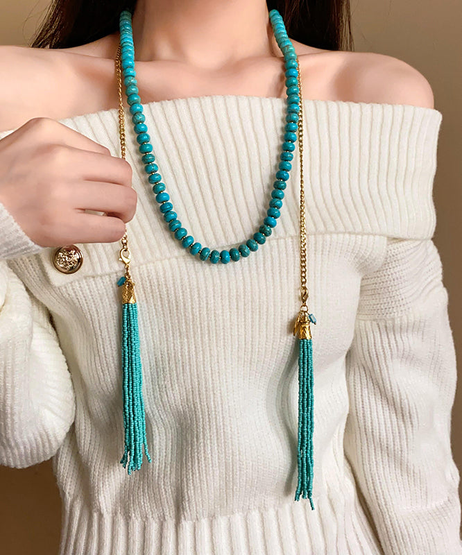 Vintage Gold Alloy Turquoise Beading Tassel Gratuated Bead Necklace