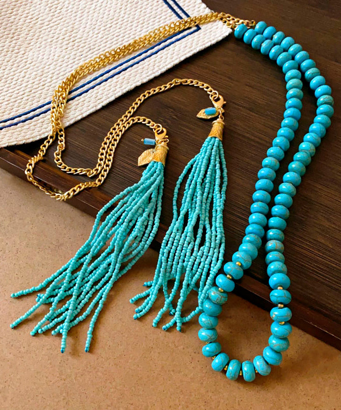 Vintage Gold Alloy Turquoise Beading Tassel Gratuated Bead Necklace