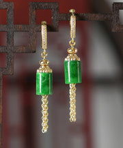 Vintage Gold Sterling Silver Overgild Inlaid Jade Tassel Drop Earrings