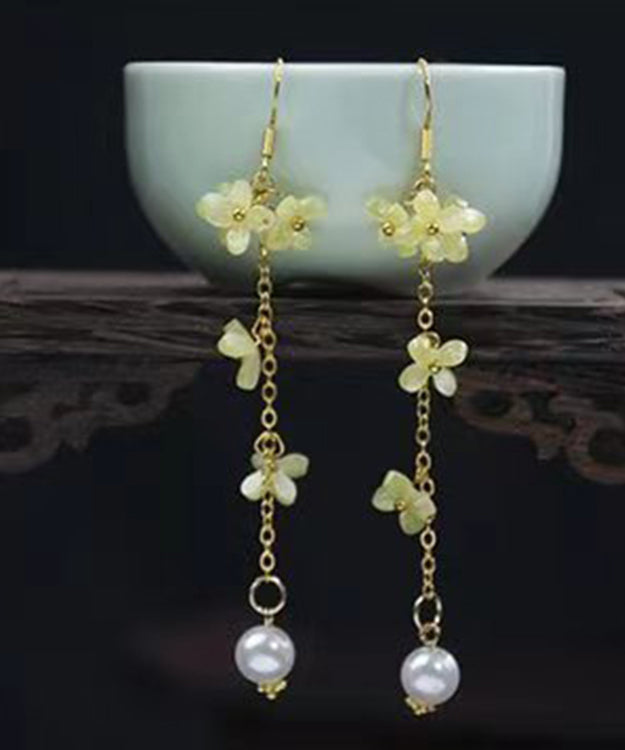 Vintage Gold Sterling Silver Overgild Pearl Coloured Glaze Tassel Drop Earrings