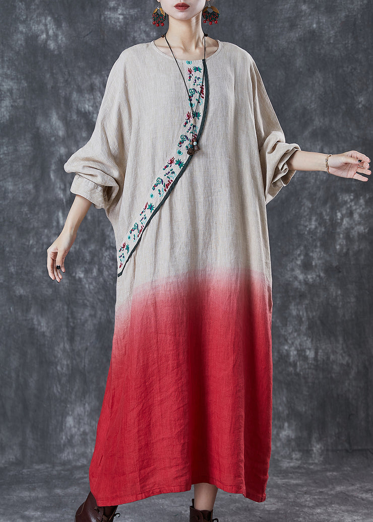 Vintage Gradient Color Embroidered Linen Ankle Dress Spring