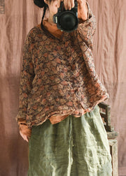 Vintage Green Button Print Linen Blouse Long Sleeve