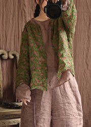 Vintage Green Button Print Linen Blouse Long Sleeve