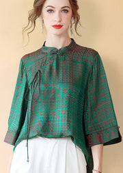 Vintage Green Chinese Button Jacquard Patchwork Silk Shirt Tops Summer