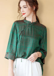 Vintage Green Chinese Button Jacquard Patchwork Silk Shirt Tops Summer