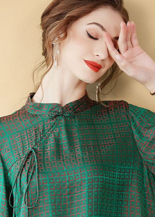 Vintage Green Chinese Button Jacquard Patchwork Silk Shirt Tops Summer