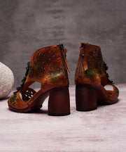 Vintage Green Chunky Cowhide Leather Peep Toe Hollow Out Sandals