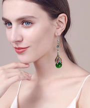 Vintage Green Copper Alloy Zircon Cat's Eye Stone Tassel Drop Earrings