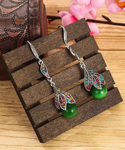 Vintage Green Copper Alloy Zircon Cat's Eye Stone Tassel Drop Earrings