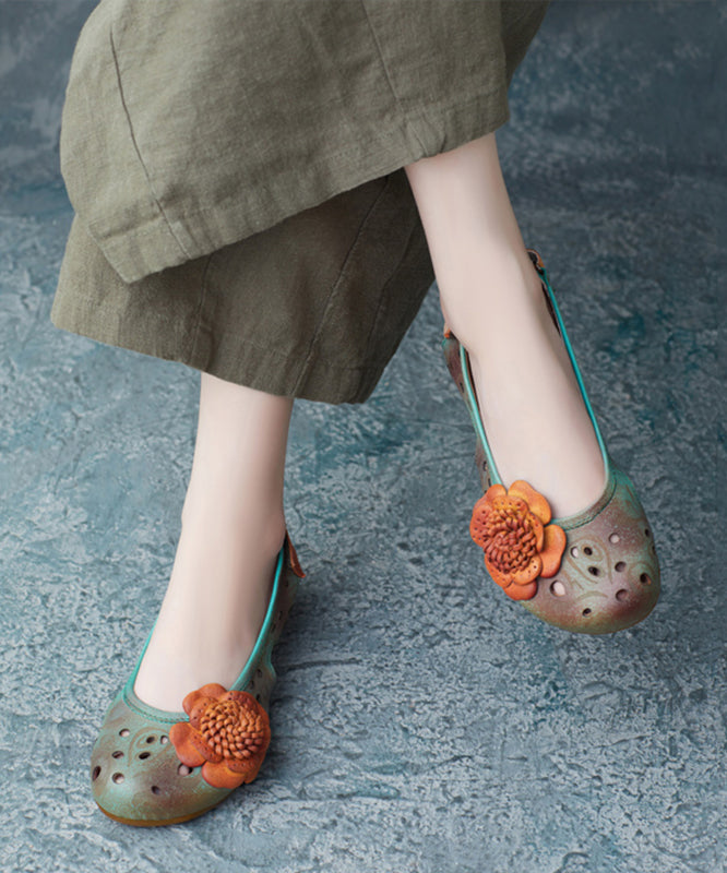 Vintage Green Cowhide Leather Hollow Out Flower Sandals