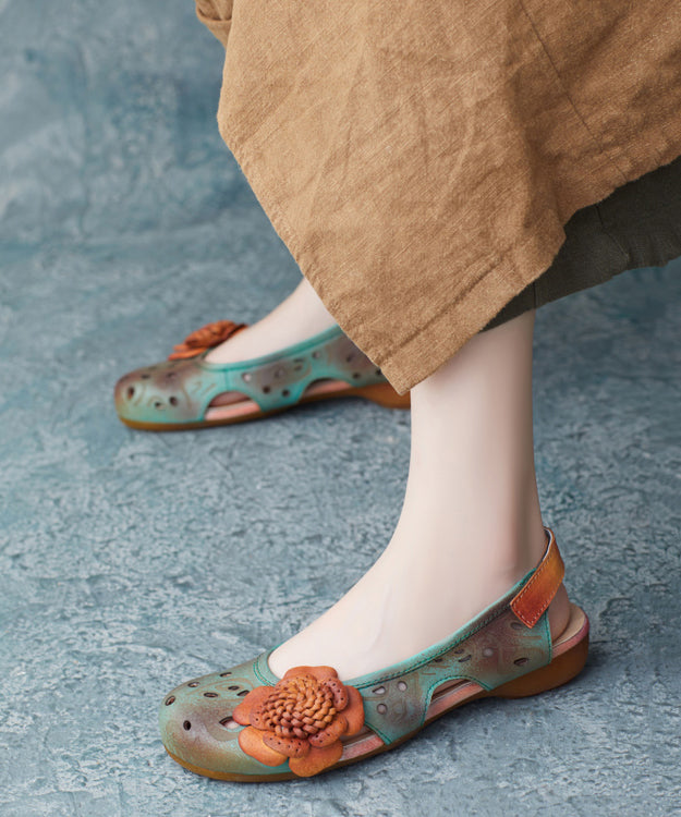 Vintage Green Cowhide Leather Hollow Out Flower Sandals