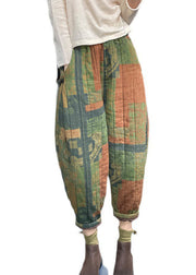 Vintage Green Elastic Waist Pockets Print Fine Cotton Filled Crop Pants Winter