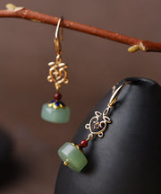 Vintage Green Fine Jade Original Design 14K Gold Drop Earrings