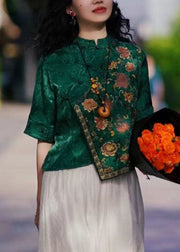 Vintage Green Mandarin Collar Asymmetrical Embroideried Silk Shirts Half Sleeve