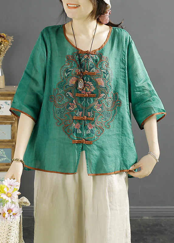 Vintage Green O-Neck Embroidered Linen Shirt Top Summer