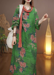 Vintage Green O-Neck Print Long Dress Fall