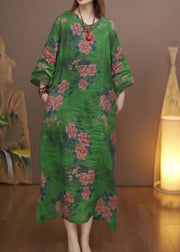 Vintage Green O-Neck Print Long Dress Fall