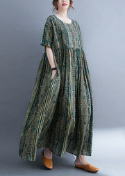 Vintage Green O-Neck Print Patchwork Maxi Dress Summer