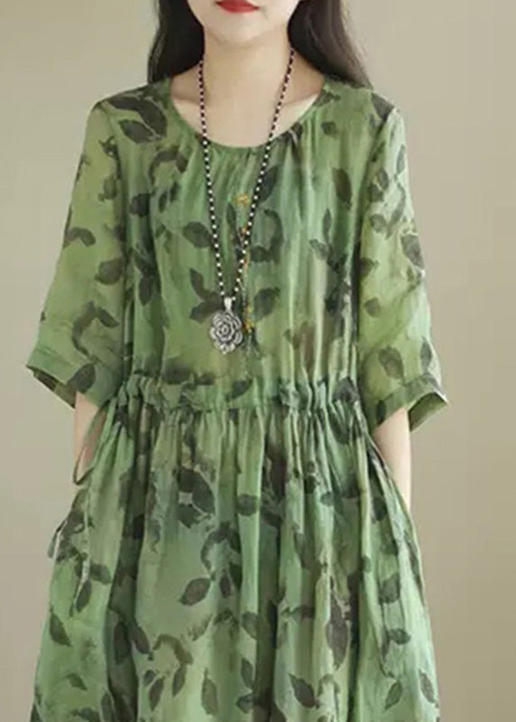 Vintage Green O-Neck Print Wrinkled Long Dress Summer