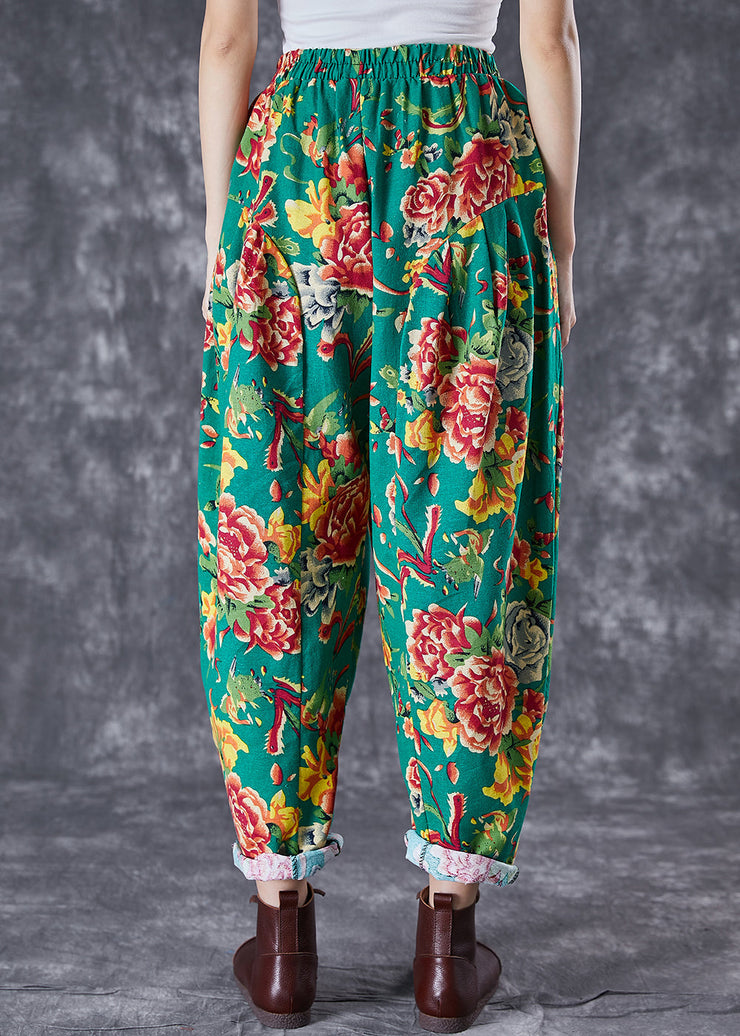 Vintage Green Oversized Print Cotton Harem Pants Summer