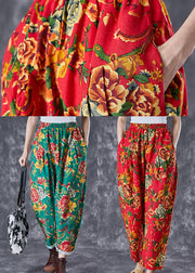 Vintage Green Oversized Print Cotton Harem Pants Summer