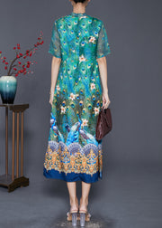 Vintage Green Peacock Print Side Open Silk Dress Summer