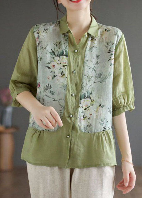 Vintage Green Peter Pan Collar Print Linen Top Summer