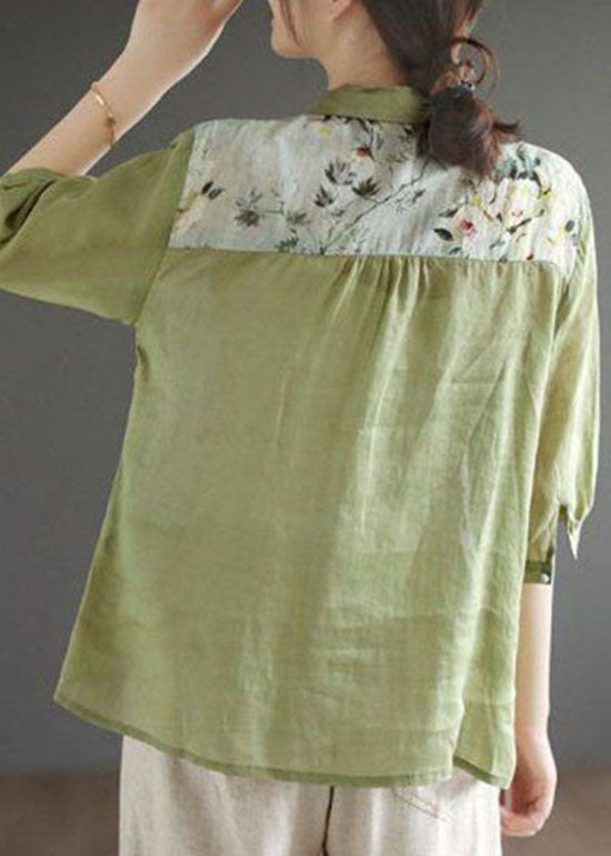 Vintage Green Peter Pan Collar Print Linen Top Summer