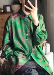 Vintage Green Peter Pan Collar Print Patchwork Silk Shirt Fall