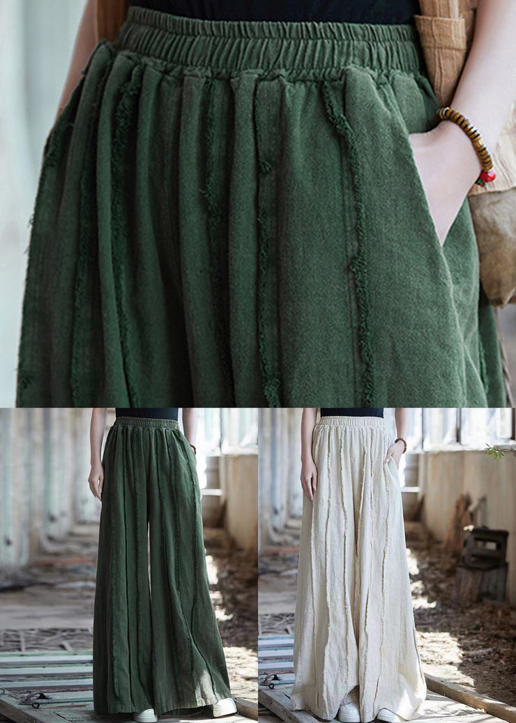 Vintage Green Pockets Elastic Waist Linen Pants Summer