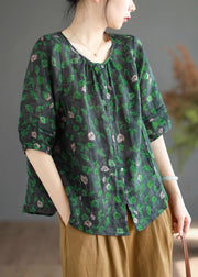 Vintage Green Print Button Linen Shirt Half Sleeve