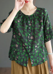 Vintage Green Print Button Linen Shirt Half Sleeve