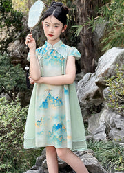 Vintage Green Print Chiffon Patchwork Kids Mid Dresses Short Sleeve