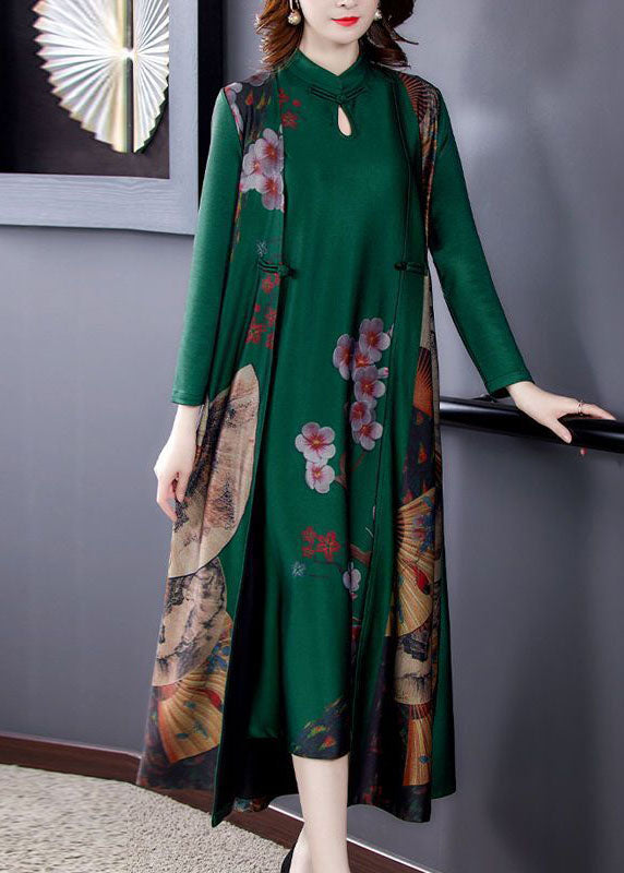 Vintage Green Print Chinese Button Silk Fake Two Piece Oriental Dresses Spring