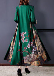 Vintage Green Print Chinese Button Silk Fake Two Piece Oriental Dresses Spring