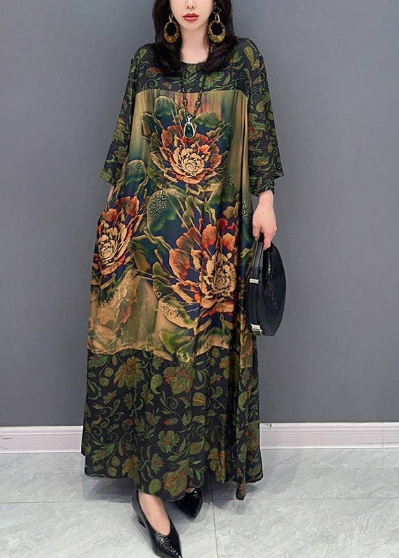 Vintage Green Print Cozy Maxi Dress Spring