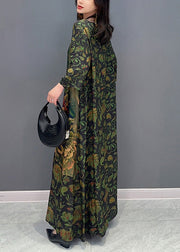 Vintage Green Print Cozy Maxi Dress Spring