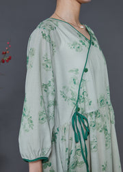 Vintage Green Print Linen Oriental Dresses Bracelet Sleeve