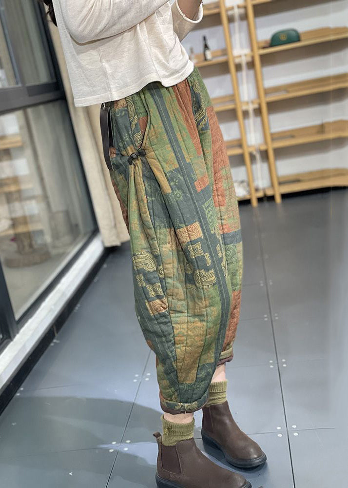 Vintage Green Print Pockets High Waist Cotton Filled Pants Winter