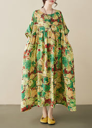 Vintage Green Print Wrinkled Maxi Dresses Short Sleeve