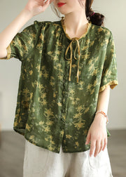 Vintage Green Ruffled Print Button Linen Shirt Short Sleeve