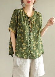 Vintage Green Ruffled Print Button Linen Shirt Short Sleeve