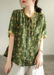 Vintage Green Ruffled Print Button Linen Shirt Short Sleeve