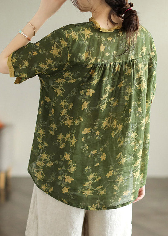 Vintage Green Ruffled Print Button Linen Shirt Short Sleeve