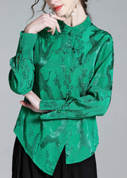 Vintage Green Stand Collar Button Jacquard Silk Shirt Spring